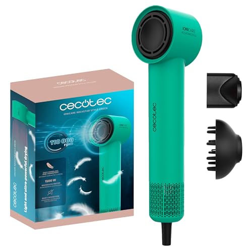 Discover the Cecotec Ionicare Rockstar Style Green Hair Dryer, featuring a powerful 1500W motor, 4 heat settings, and lightweight design. Perfect for quick styling! Keywords: hair dryer, lightweight, ionic technology
