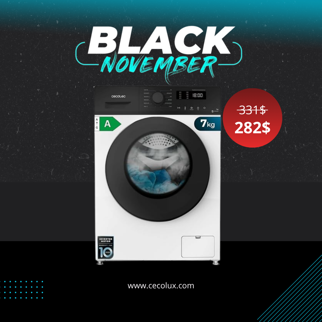 Cecotec - 7 kg Front Load Washing Machine with Inverter Motor, 1400 RPM, 12 Programs