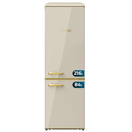 Shop the Cecotec Retro 2-Door Combination Refrigerator, 300L with temperature control and stylish chrome handle. Perfect for modern kitchens! Keywords: Cecotec, retro refrigerator, 300L, temperature control