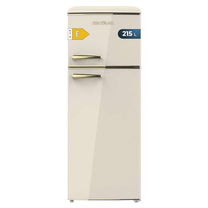 Shop the Cecotec Retro 215L Beige Refrigerator with 2 doors, glass trays, and temperature control. Perfect for modern kitchens! Keywords: Cecotec refrigerator, retro design, temperature control