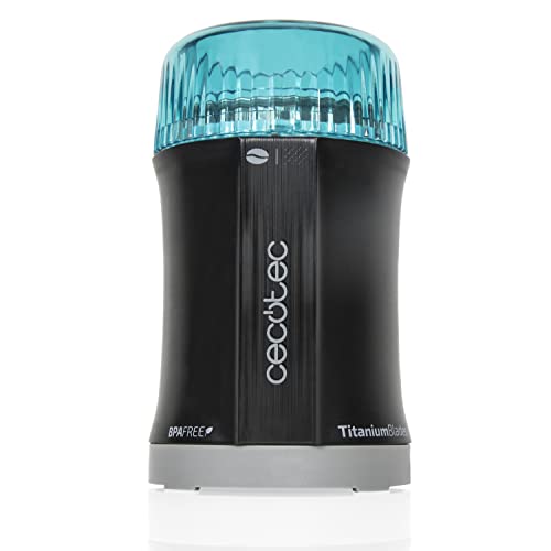 Cecotec TitanMill Electric Coffee Grinder in black with aquamarine accents, showcasing its sleek design and stainless stee...