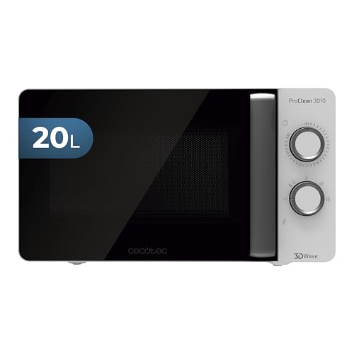 Cecotec ProClean 3010 Microwave in white with black door, showcasing its elegant design and features.