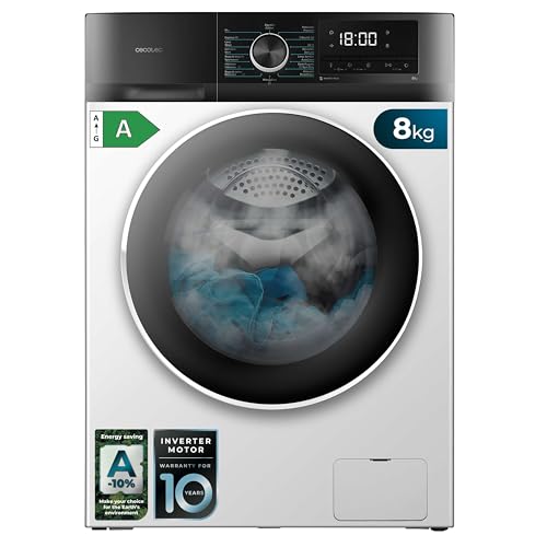 Experience efficient cleaning with Cecotec's 8 kg Front Load Washing Machine featuring an Inverter Motor, 16 programs, and SteamMax technology. Ideal for modern homes! Keywords: Cecotec, washing machine, front load, inverter motor, SteamMax