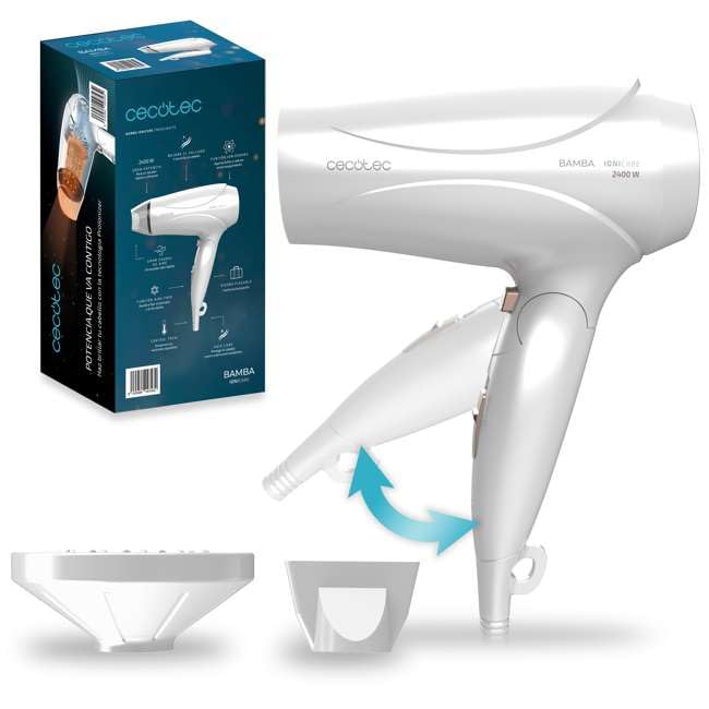Experience the Cecotec Ionicare Travelwhite 2400W Hair Dryer, featuring a compact design, ionizer function, and adjustable temperature for perfect hair care. Keywords: hair dryer, compact, foldable, ionizer, travel