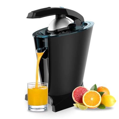 Cecotec EssentialVita Hyden 600 Electric Citrus Juicer in black with stainless steel strainer and removable cones