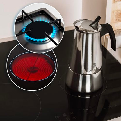 Cecotec - Elegant Steel Italian Coffee Maker for 2 Cups, 100 ml Capacity, Safety Valve