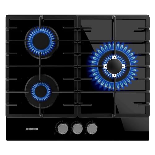 Cecotec Bolero Squad G 3200F Gas Stove in black glass with three burners and cast iron grates