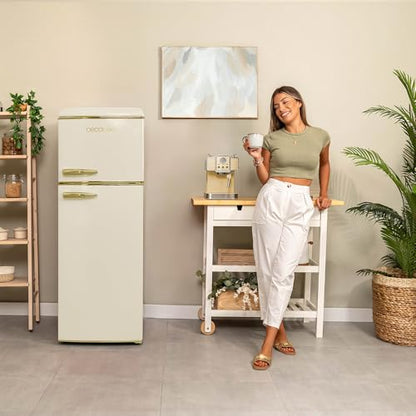 Cecotec - Retro 215L Beige Refrigerator with 2 Doors, Glass Trays, Temperature Control