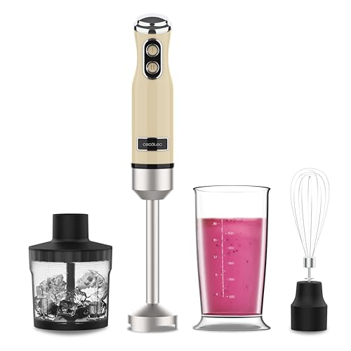 Experience the Cecotec Retro Hand Blender 1200W with 4 titanium-coated blades. Perfect for smoothies, soups, and sauces. Adjustable speed for all your blending needs! Keywords: hand blender, 1200W, titanium blades, adjustable speed
