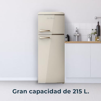 Cecotec - Retro 215L Beige Refrigerator with 2 Doors, Glass Trays, Temperature Control