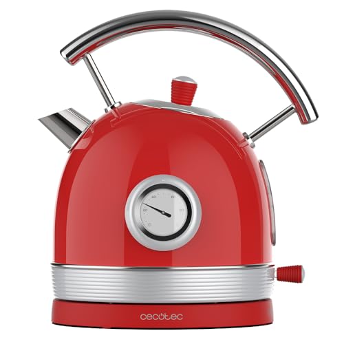Shop the Cecotec 1.8L Electric Kettle with 2200W power, vintage red design, and 360º base. Perfect for tea lovers, featuring a temperature gauge. Keywords: electric kettle, vintage kettle, 2200W