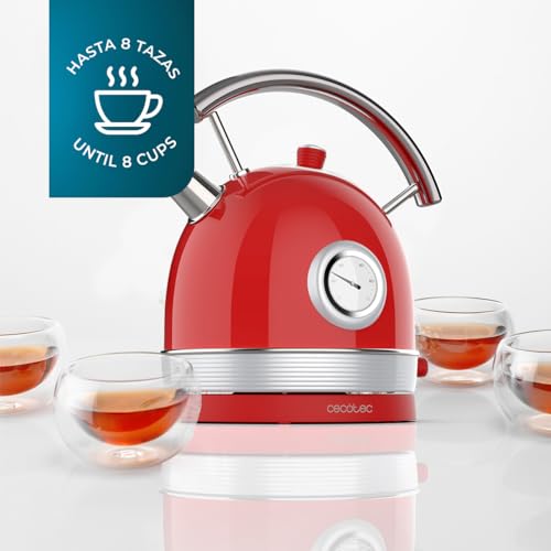 Cecotec - 1.8L Electric Kettle, 2200W, Vintage Red, 360º Base, Temp Gauge