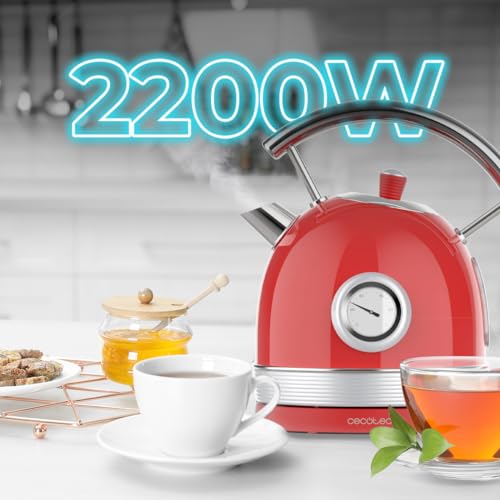 Cecotec - 1.8L Electric Kettle, 2200W, Vintage Red, 360º Base, Temp Gauge