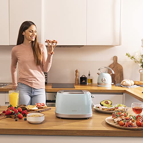 Cecotec - Vintage Light Blue 850W Toaster with Extra Large Double Slot, 3 Functions
