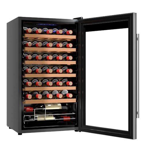 Cecotec wine cellar with stainless steel and wood design, showcasing 34 bottle capacity and touch control panel