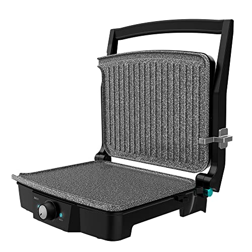 Experience the Cecotec Rock'nGrill 2000W Electric Grill with ceramic coating, 180º opening, and grease tray. Perfect for grilling, making sandwiches, and more!