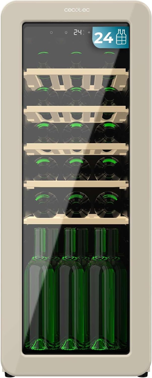 Explore the Cecotec Retro Wine Cellar for 24 bottles. Features a stylish beige design, LED display, and low noise operation. Perfect for wine enthusiasts!